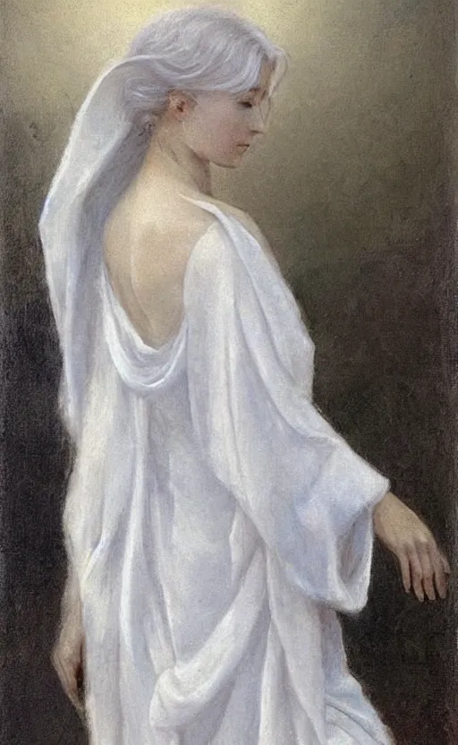 Image similar to say who is this with silver hair so pale and wan! and thin!? female angel, wearing white robes flowing hair, fair body, white dress!! silver hair, covered!!, clothed!! lucien levy - dhurmer, fernand keller, oil on canvas, 1 8 9 6, 4 k resolution, aesthetic, mystery