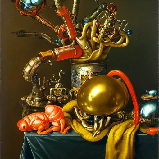 Prompt: disturbing colorful oil painting dutch golden age vanitas still life with bizarre mechanical objects strange gooey surfaces shiny metal bizarre mutant insects rachel ruysch dali todd schorr very detailed perfect composition rule of thirds masterpiece canon 5 0 mm, cinematic lighting, photography, retro, film, kodachrome