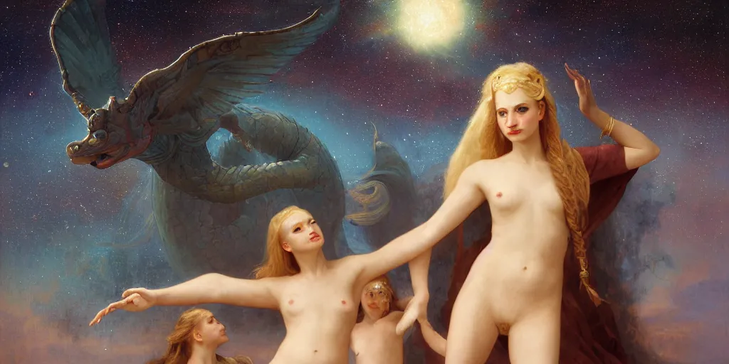 Image similar to oil portrait painting, etheric majestic beautiful females, hybrid atlantean elsa jean, fantasy warrior, epic battle, great anubis leviathan turtle, stellar space, cosmic celestial castle, universe, nebula, birds eye view, digital art, airbrush, regal, refined, theophanic atmosphere, william - adolphe bouguereau, michael whelan, unreal engine, 8 k hd