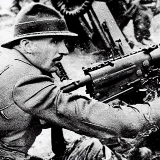 Image similar to iron man shooting machine guns against nazi germany on the bloody muddy battlefield of world war