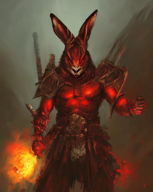 Image similar to Rabbit Berserker, rage, maniac, war paint, red, Khorne, magic the gathering artwork, D&D, fantasy, cinematic lighting, centered, symmetrical, highly detailed, digital painting, artstation, concept art, smooth, sharp focus, illustration, volumetric lighting, epic Composition, 8k, art by Akihiko Yoshida and Greg Rutkowski and Craig Mullins, oil painting, cgsociety