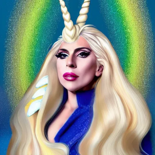 Prompt: lady gaga as a princess with extremely long blond hair from a cartoon riding a unicorn over a rainbow