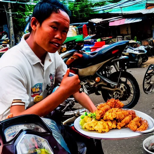 Image similar to “ selling fried chicken and sticky rice from a motorbike in thailand. ”