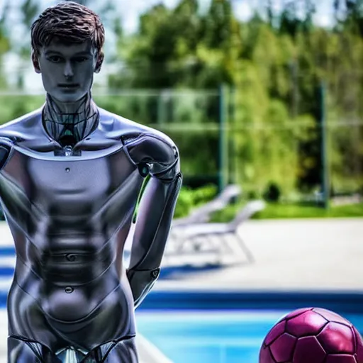 Prompt: a realistic detailed photo of a guy who is an attractive humanoid who is half robot and half humanoid, who is a male android, soccer player martin ødegaard, shiny skin, posing like a statue, blank stare, by the pool, on display, showing off his muscles, humanoid robot, transparent sculpture
