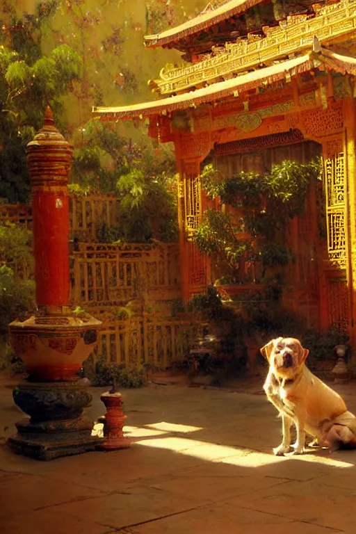 Prompt: A dog sitting in an asian palace, painting by Gaston Bussiere, Craig Mullins