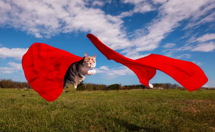 Image similar to cat with a red cape flying through the sky in a superman pose