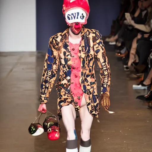 Image similar to slug, slug wearing clothes, vivian westwood, slug with teeth, runway model