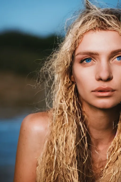 Prompt: head shot photo of a blonde female model in her twenties, hair wet, wearing a designer top, looking content, photo realistic, extreme detail skin, natural beauty, no filter, slr, golden hour, 4 k, high definition, selfie