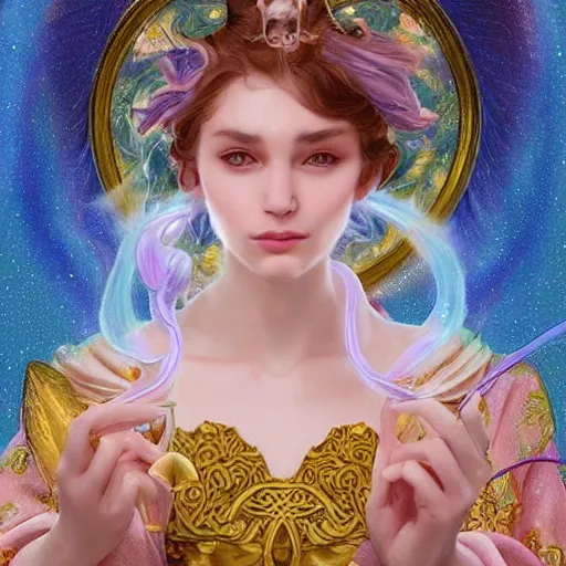 Image similar to dream portrait of a cat wizard wearing blue robes, dreamy and ethereal, expressive pose, big pink eyes, exciting expression, fantasy, intricate, elegant, many rainbow bubbles, rose tones, highly detailed, digital painting, artstation, concept art,cyberpunk wearing, smooth, sharp focus, illustration, art by artgerm and greg rutkowskiand alphonse mucha,Salvador Dali.