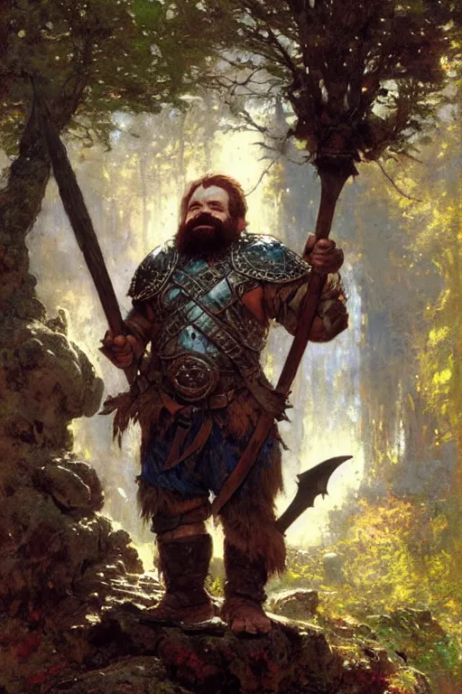 Image similar to dwarf in leather armour in a fantasy forest, holding a large stone axe portrait dnd, painting by gaston bussiere, craig mullins, greg rutkowski, yoji shinkawa