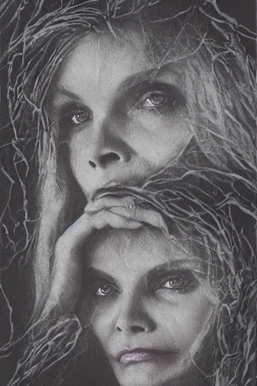 Image similar to michelle pfeiffer 1 9 8 0 s vhs tape cover, “ unico indizio la luna piena ”, atmospheric, realism, hand drawn, horror, grimy, in the woods, highly detailed, high octane render, hd, spooky moon and fog, in the style of enzo sciotti