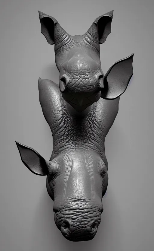 Image similar to rhino head made of black cast iron on a black background. gothic baroque. low poly. symmetry. epic. ominous shapes. hyper detailed.