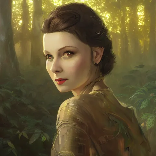 Image similar to closeup portrait of a young vivian leigh, forest background, megacity, gorgeous view, depth, high detail, digital art, painted by greg rutkowski, trending on artstation