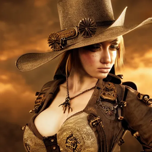 Prompt: beatiful female steampunk cowboy, hellscape, cinematic, insanely detailed and intricate, hyper - realistic 8 k