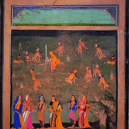 Image similar to woman warrior ascends to godhood. warriors watch in astonishment, holy mughal art painting by govardhan