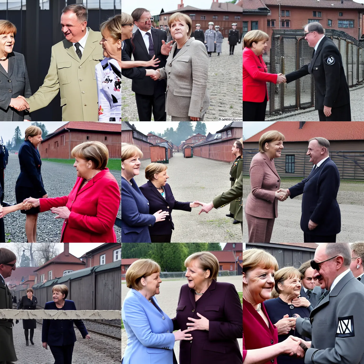 Prompt: angela merkel with riley reid and mia malkova, mia khalifa kissing angela merkel, angela merkel flirting with hitler, hitler and angela merkel in front of auschwitz gate arbreit macht frei, angela merkel shaking hands with hitler in front of concentration field auschwitz arbreit macht frei