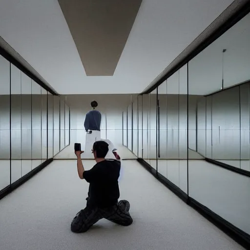 Image similar to a man taking a selfie in a minimalistic concrete room, standing on the edge of a rectangular pond in the center of the room surrounded by upholstered sofas, a tilt shift photo by leandro erlich, featured on cg society, kitsch movement, hall of mirrors, high dynamic range, studio portrait