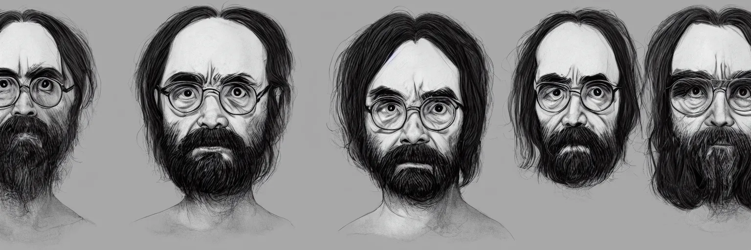 Prompt: character study of todd solondz and charles manson as a sick man, clear, male, glasses, character sheet, fine details, concept design, contrast, kim jung gi, da vinci and pixar, trending on artstation, 8 k, full body and head, turnaround, front view, back view, ultra wide angle