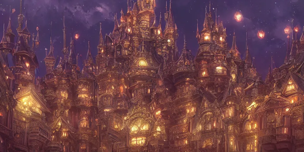 Image similar to imposing and highly ornamented fantasy castle, a lot of lights, multi layered huge architectures, no people, intricate, Anime Background, Miyazaki Hayao, Ghibli, editor’s pickup, trending on artstation, trending on deviantart, 4K