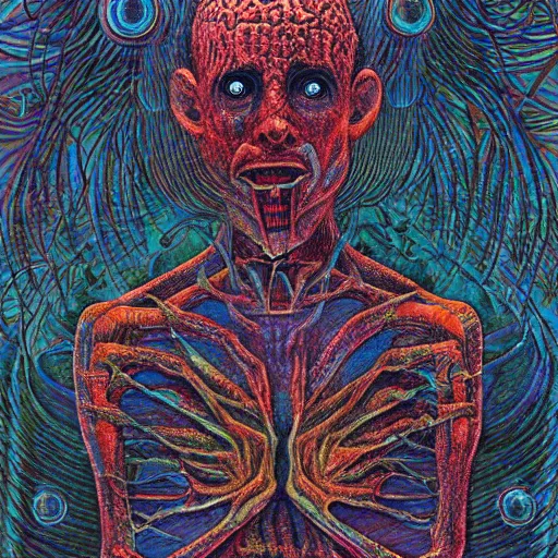 Image similar to lament configuration box floating above skinned bloody man in hell by clive barker, alex grey, lisa frank, beksinski