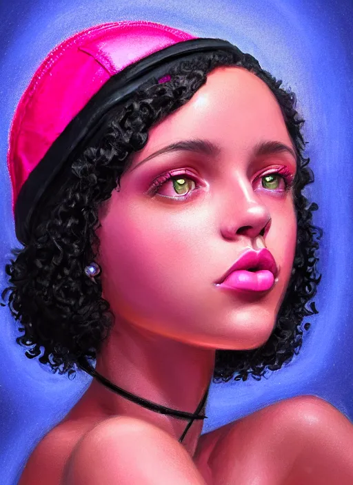 Image similar to portrait of teenage vanessa morgan with bright pink hair, black girl, curly pixie cut hair, wearing newsboy cap, pink short haircut, newsboy cap, hoop earrings, blue eyes, intricate, elegant, glowing lights, highly detailed, digital painting, artstation, concept art, smooth, sharp focus, illustration, art by wlop, mars ravelo and greg rutkowski