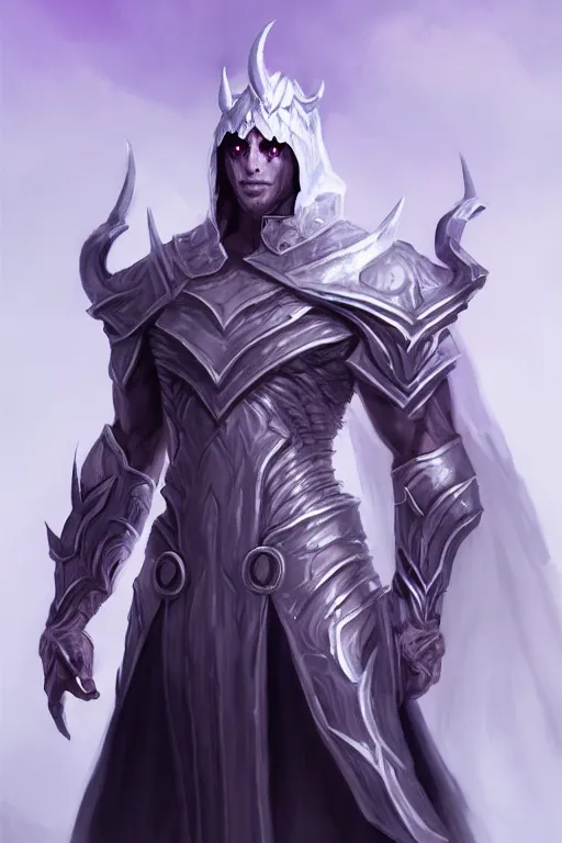 Prompt: human male demon, full body white purple cloak, hero, heavy armor, character concept art, costume design, black eyes, white horns, trending on artstation, Artgerm , WLOP