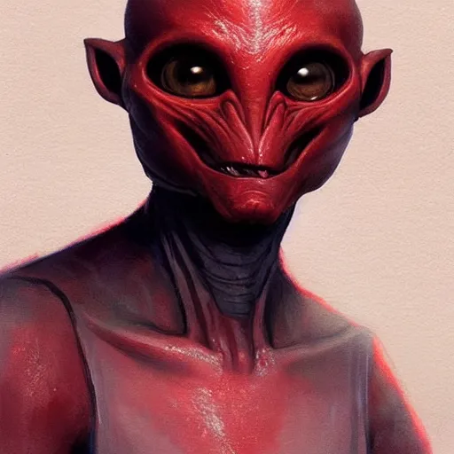 Prompt: concept art of an star wars alien by greg rutkowski, round face, noseless, dark greekn skin, red round eyes, nervious attitude, detailed portrait, very very beautiful art, artstation hq.