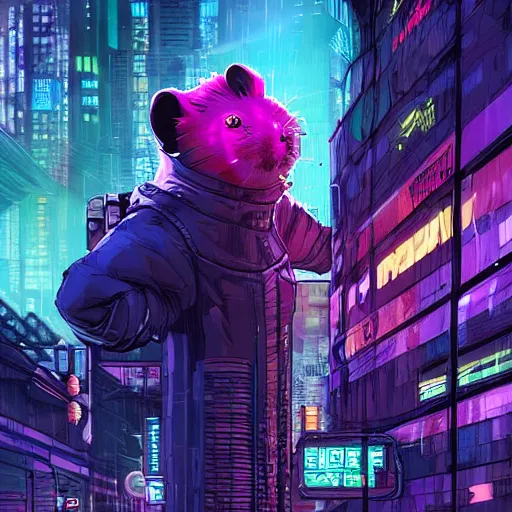 Image similar to high detailed humanized hamster in a cyberpunk rainy city at night by josan gonzalez, purple and blue neons, unreal engine, high quality, 4 k, uhd, trending on artstation, wires, blade runner vibes, ghost in the shell, akira, dorohedoro