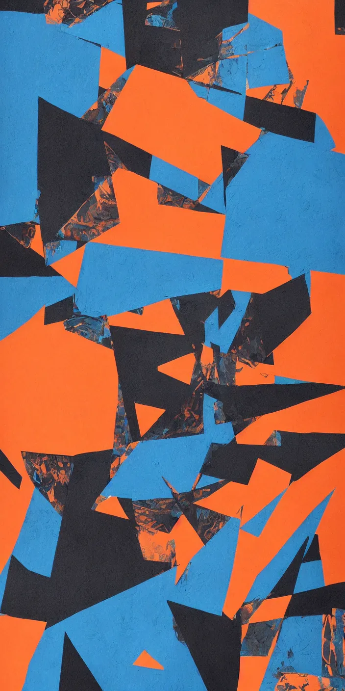 Prompt: Abstract collage by Augustine Koffie, blue and orange tones, black paper, elegant, intricate details, trending on art station