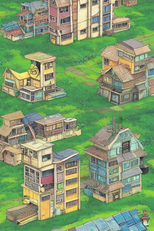 Image similar to stacked houses, solarpunk, studio ghibli