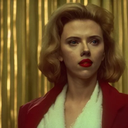 Prompt: a still of Scarlett Johansson in the black lodge in Twin Peaks (1990)