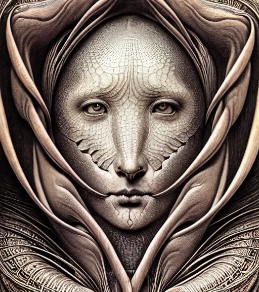 Image similar to detailed realistic beautiful shark goddess face portrait by jean delville, gustave dore, iris van herpen and marco mazzoni, art forms of nature by ernst haeckel, art nouveau, symbolist, visionary, gothic, neo - gothic, pre - raphaelite, fractal lace, intricate alien botanicals, ai biodiversity, surreality, hyperdetailed ultrasharp octane render