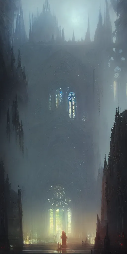 Image similar to outside of a futuristic gothic cathedral with leds, extremely detailed digital painting, in the style of fenghua zhong and ruan jia and jeremy lipking and peter mohrbacher, mystical colors, rim light, beautiful lighting, 8 k, stunning scene, raytracing, octane, trending on artstation