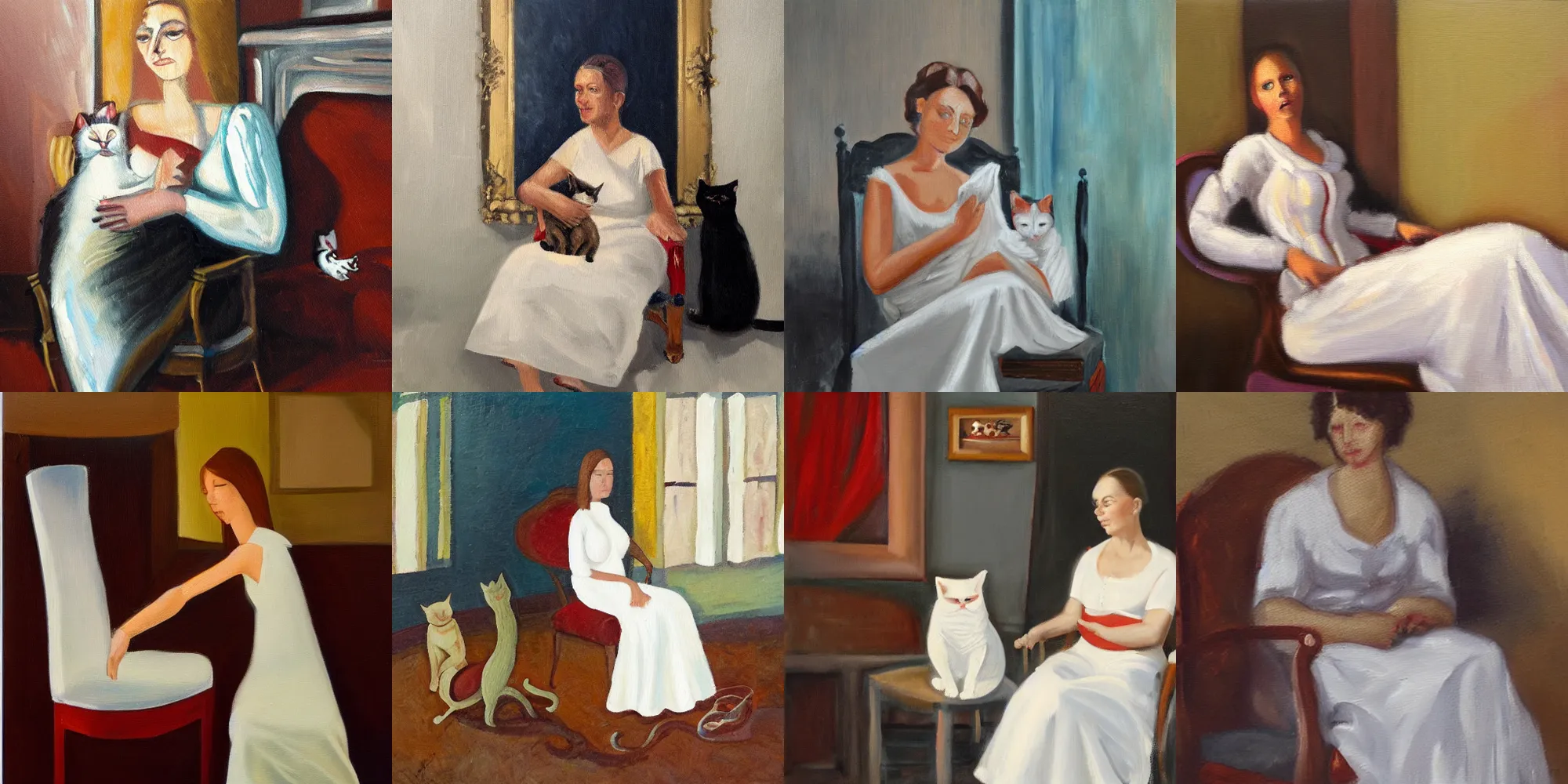 Prompt: oil painting of a woman in a white dress sitting on chair with a cat on her lap in a burning room in vanice