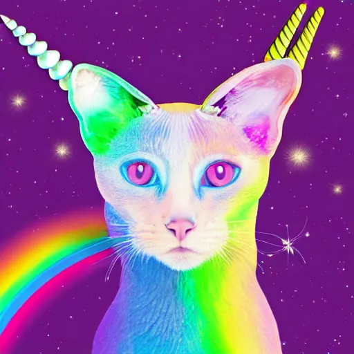Prompt: siamese cat with a unicorn horn, rainbow background, sparkly aura around cat