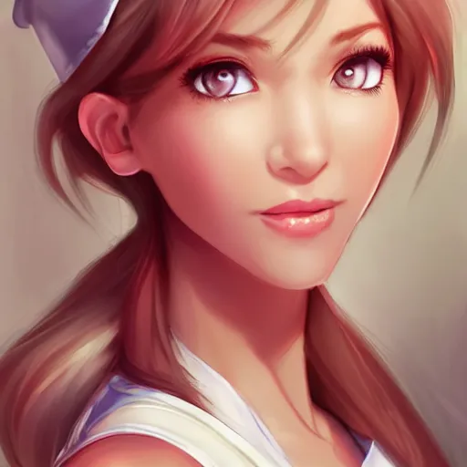 Image similar to very beautiful female nurse, smiling, flirty, eye contact, perfect face, perfect body, drawn by artgerm