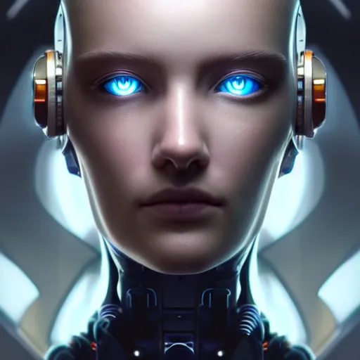 Image similar to centered portrait of an ultra detailed Mechanical Cyberpunk Female Android, looking into the camera!!, intricate, elegant, super highly detailed, professional digital painting, artstation, concept art, smooth, sharp focus, no blur, no dof, extreme illustration, Unreal Engine 5, Photorealism, 8k, cinematic, art by artgerm and greg rutkowski and alphonse mucha and loish and WLOP