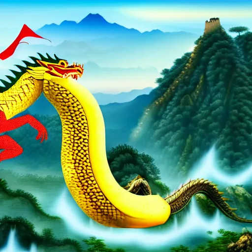 Image similar to Chinese president with bananas, battle with dragon, mountains background, fantasy art, 4k