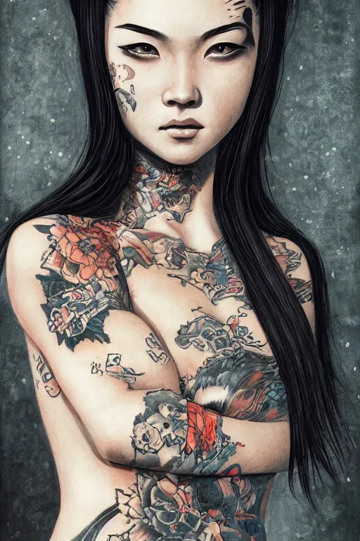 Prompt: portrait of yakuza girl with tattoo, highly detailed, marvel comics, dark, digital painting, artstation, concept art, smooth, sharp focus, illustration, art by Gustav Klimt