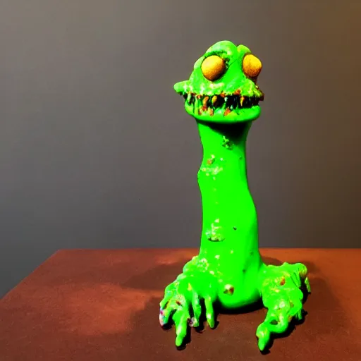 Image similar to a cute and colorful grimy slimepunk ooze monster sculpture