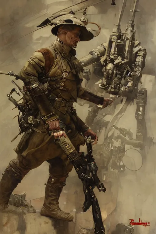 Image similar to dieselpunk military character concept art, painted by ruan jia, raymond swanland, lawrence alma tadema, zdzislaw beksinski, norman rockwell, jack kirby, tom lovell, alex malveda, greg staples