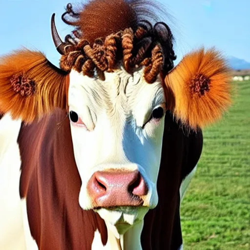 Image similar to a beautiful cow with long blond curly hair on his head