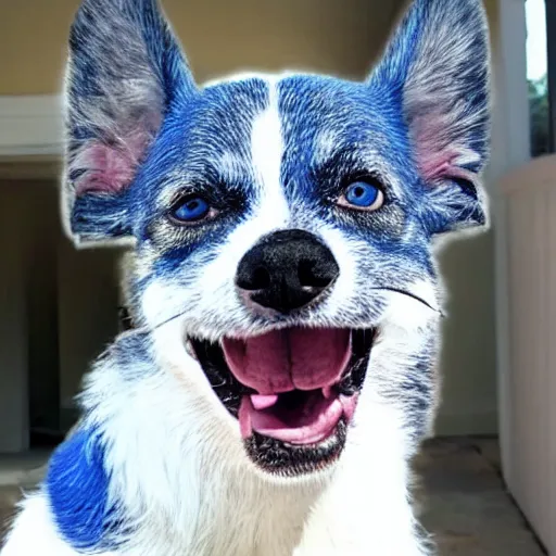 Prompt: Amy the Blue Heeler dog, making the stupidest meme face ever.