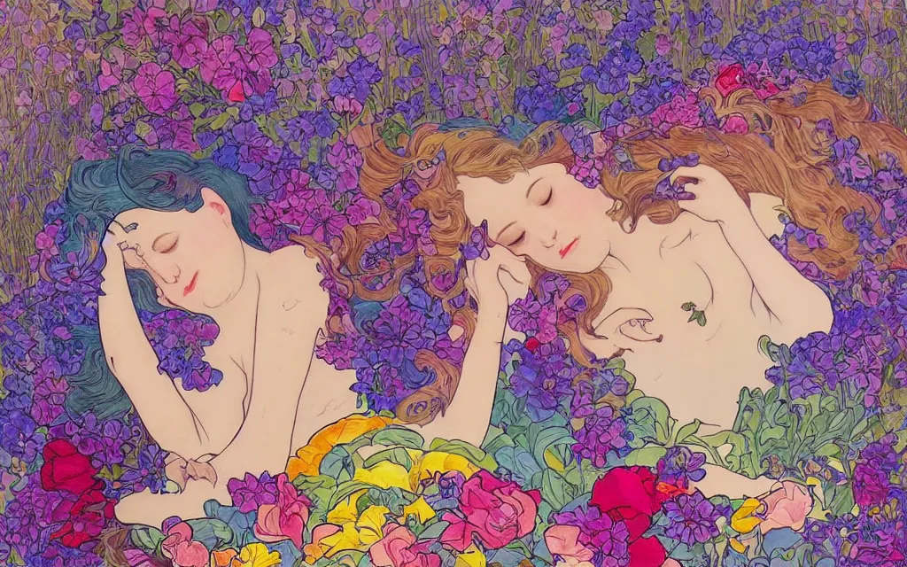 Image similar to daydream i dream of you amid the flowers for a couple of hours, such a beautiful day. a woman sleeping in the style of lisa frank and alfons mucha