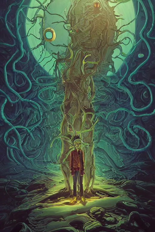 Prompt: rick and morty as the thing fused with lovecraft, high details, intricate details, renaissance style, painting by vincent di fate, artgerm julie bell beeple, 80s, Smooth gradients, High contrast, depth of field, very coherent symmetrical artwork