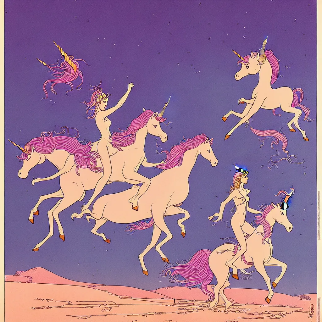 Image similar to woman riding a unicorn by moebius