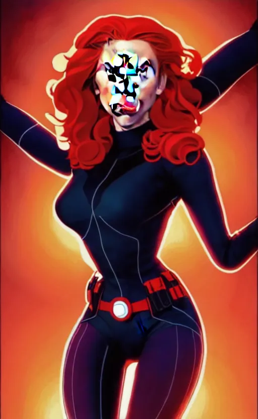 Image similar to rafeal albuquerque comic art, joshua middleton comic art, artgerm, cinematics lighting, night time, pretty scarlett johansson black widow, big smirk, symmetrical face, symmetrical eyes, long red hair, full symmetrical body, flying in the air, jumping off rooftop