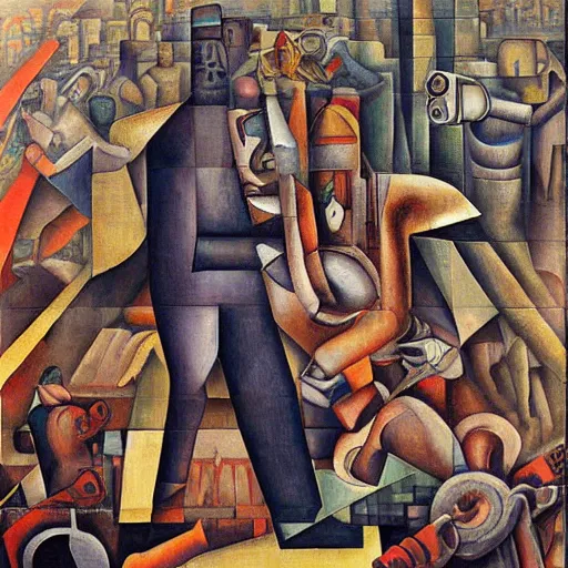 Image similar to cyborg at the crossroads, murales by diego rivera