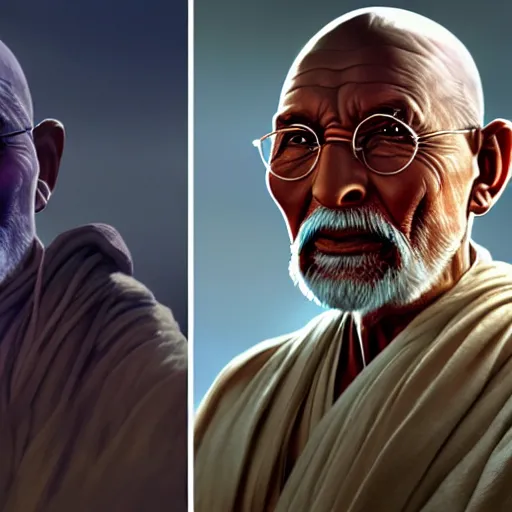 Prompt: a photorealistic portrait of ghandi as a jedi in star wars cinematic lighting, photorealistic, octane render, 8 k, depth of field, 3 d, art by artgerm and greg rutkowski and alphonse mucha and uang guangjian and gil elvgren and sachin ten