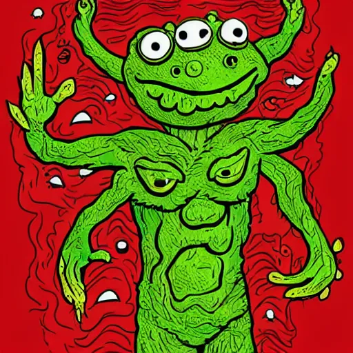 Prompt: Pop-Wonder-NFT alien-meat swamp-bog monster-Muppet-Man-Hybrid wading through the goopy-muck and slithering about the castle side delights on a melted cheesy day in a hand-drawn vector, svg, cult-classic-comic-style